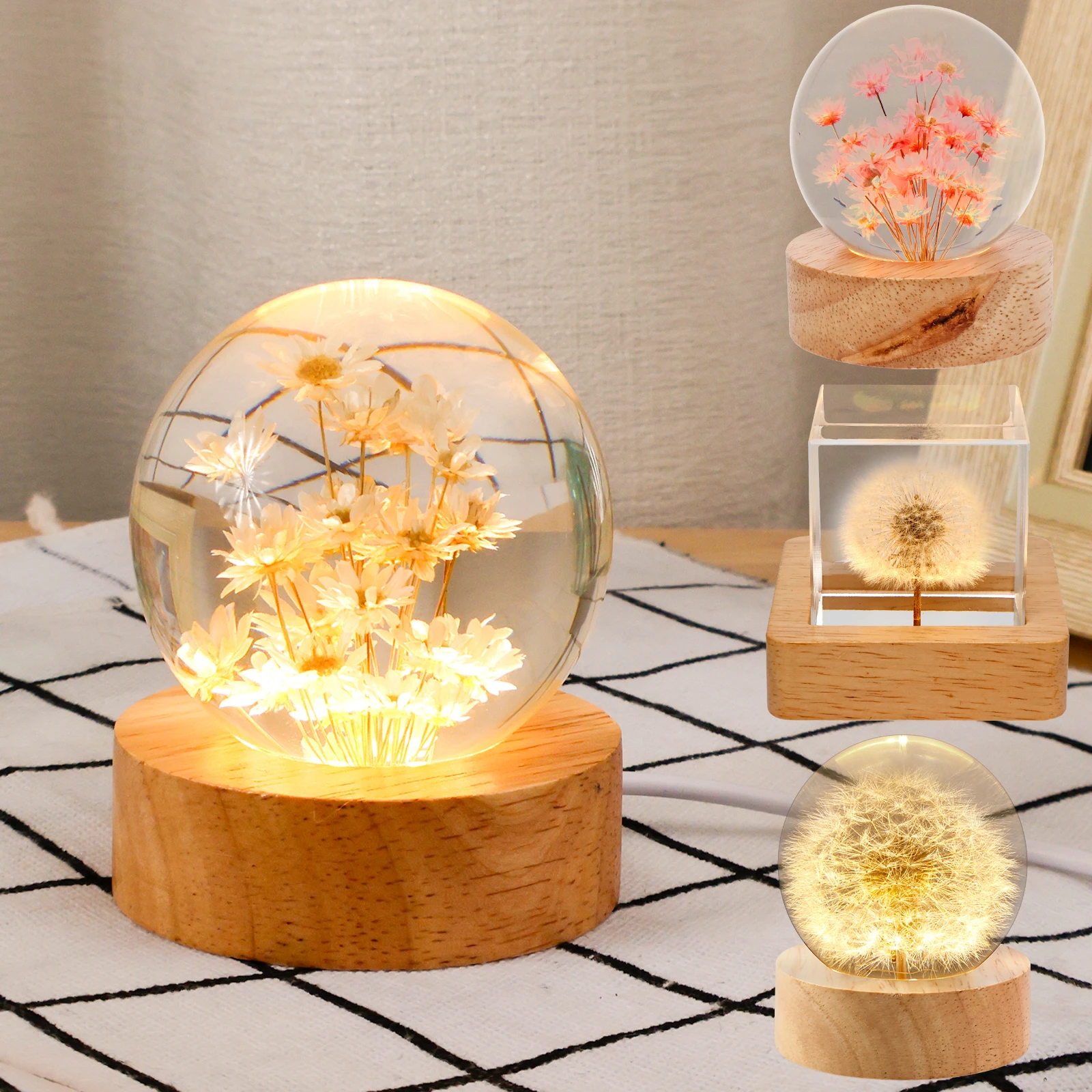 Crystal LED Night Light Dandelion Crystal Ball Night Light with Wooden Base Fancy Crystal Ball Night Light Gift Home Decoration