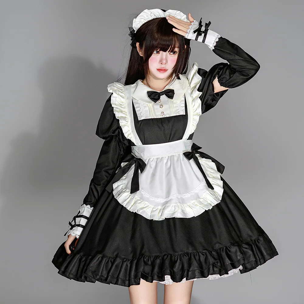 S -5XL dulce lindo negro vestido de sirvienta Lolita disfraz Cosplay chica mujer corto de manga larga vestido ceñido disfraces de fiesta de Halloween