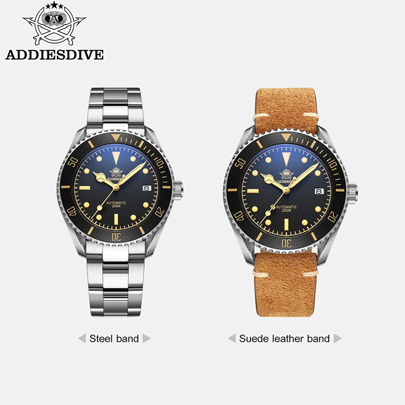 ADDIESDIVE Men Watch Business Vintage Leather C3 Super Luminous 20Bar Waterproof Sapphire Glass Automatic Mechanical Steel Watch