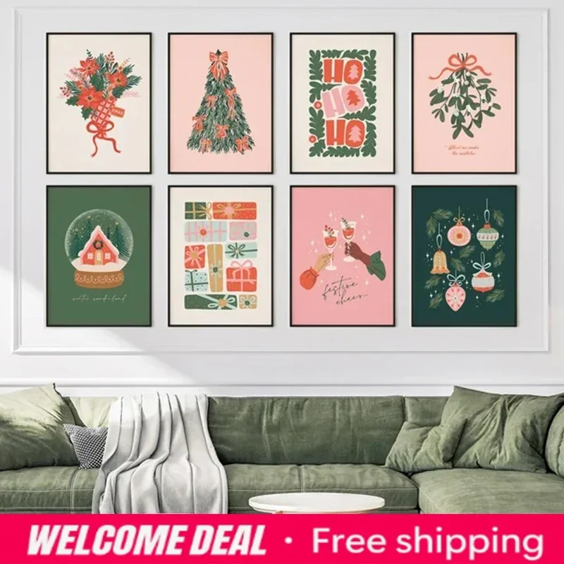 2026  Cute Christmas Printable Art Coquette Christmas Gallery Wall, Trendy Wall Art Retro Holiday Decor, Pink Red & Green Pos