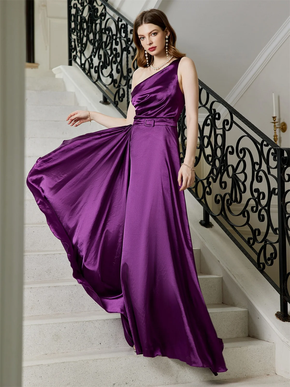 Modest Tea Length A Line Evening Cocktail Dress for Women Purple Satin One Shoulder Sleeve Prom Gown with Belt Formal Vestidos