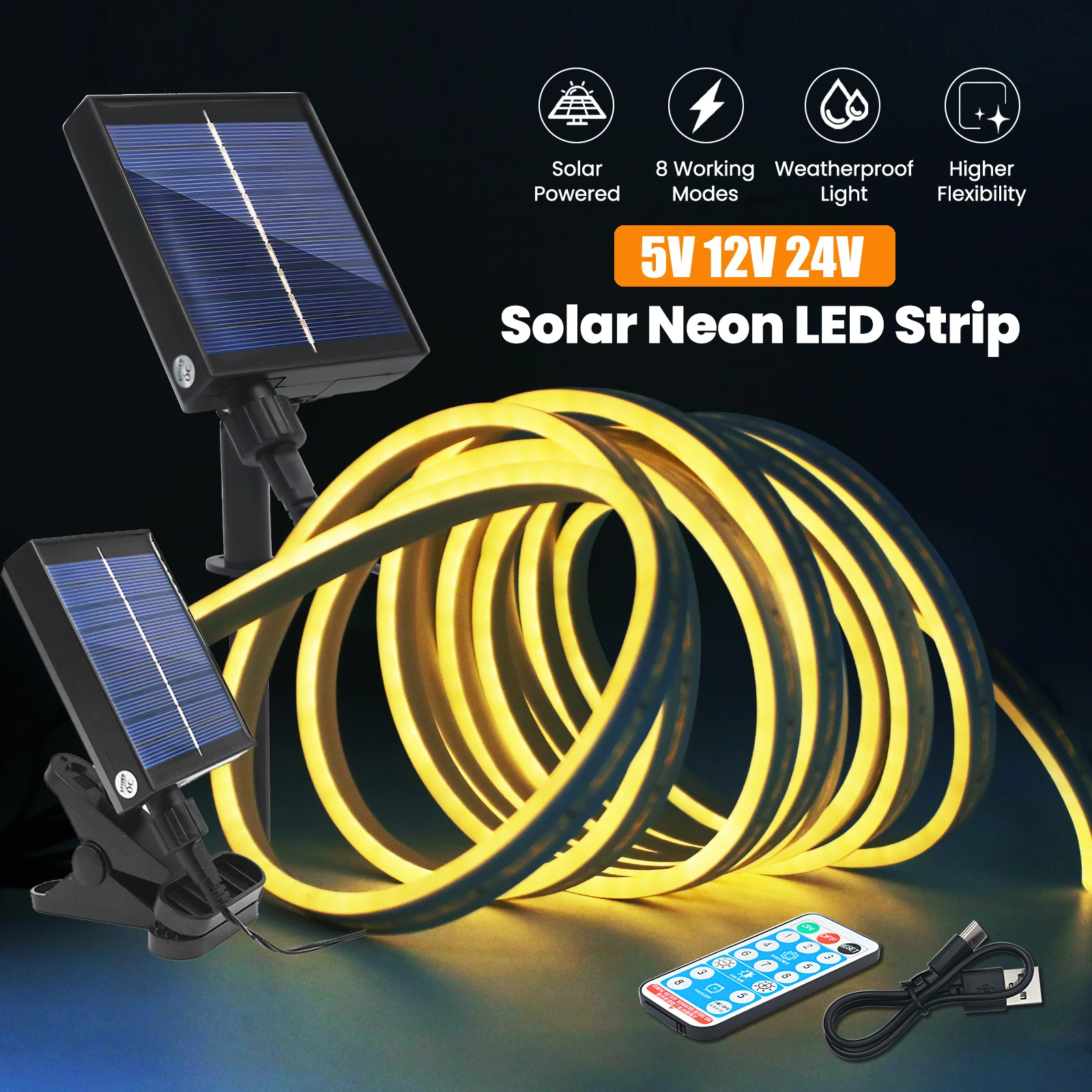 Solar Power LED Neon Tape with Remote Flexible LED Strip Light Waterproof Outdoor LED Neon Sign for Garden 5V 12V 24V