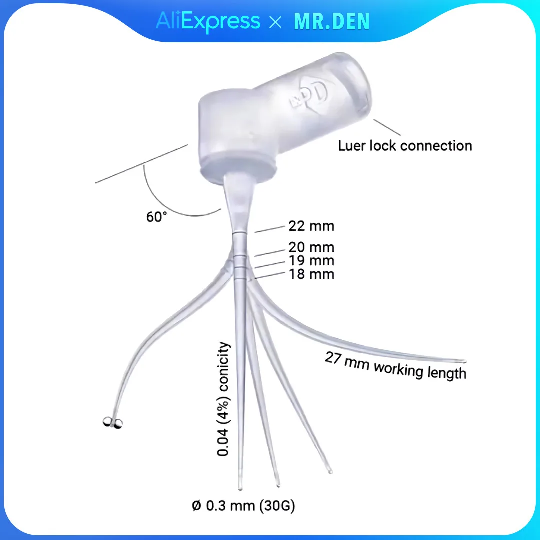 Embout d'irrigation canalaire à deux orifices en plastique flexible à angle gradué Swiss PD Octopus avec seringue, pour endodontie orale bilatérale