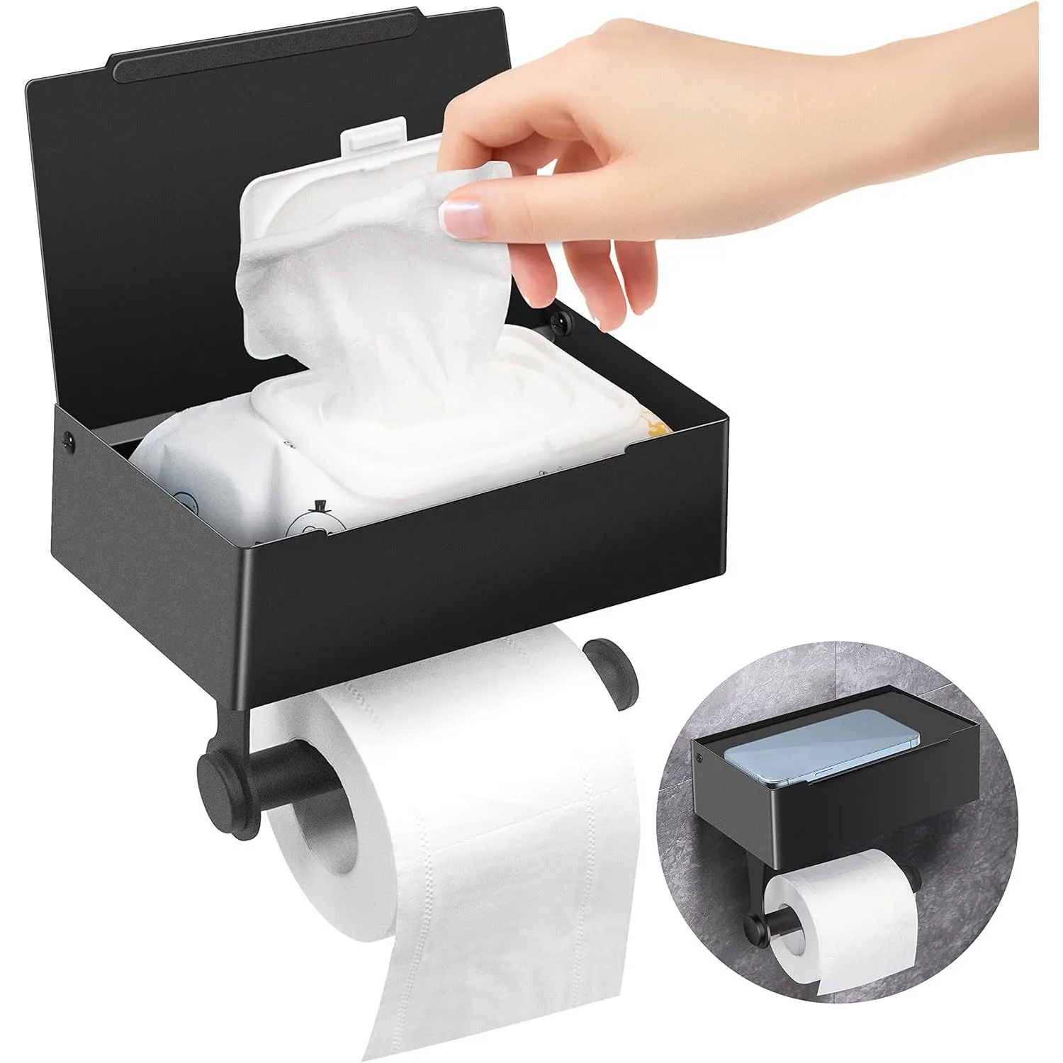 

Matte Black Toilet Paper Holder with Storage, AmapleL Toilet Paper Holder with Shelf, Adhesive Wall Mount Flushable Wipes Dispen