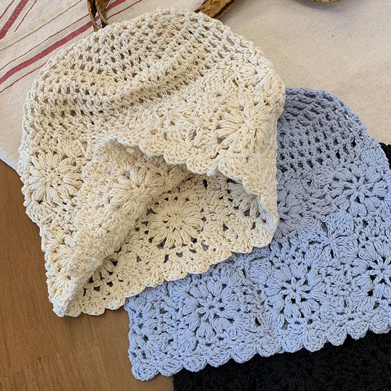 Handmade Crochet Hollow Head Japan Knit Cap Spring Summer Retro Casual Turban Fashion Melon Mesh Hat Pullover Hat Breathable