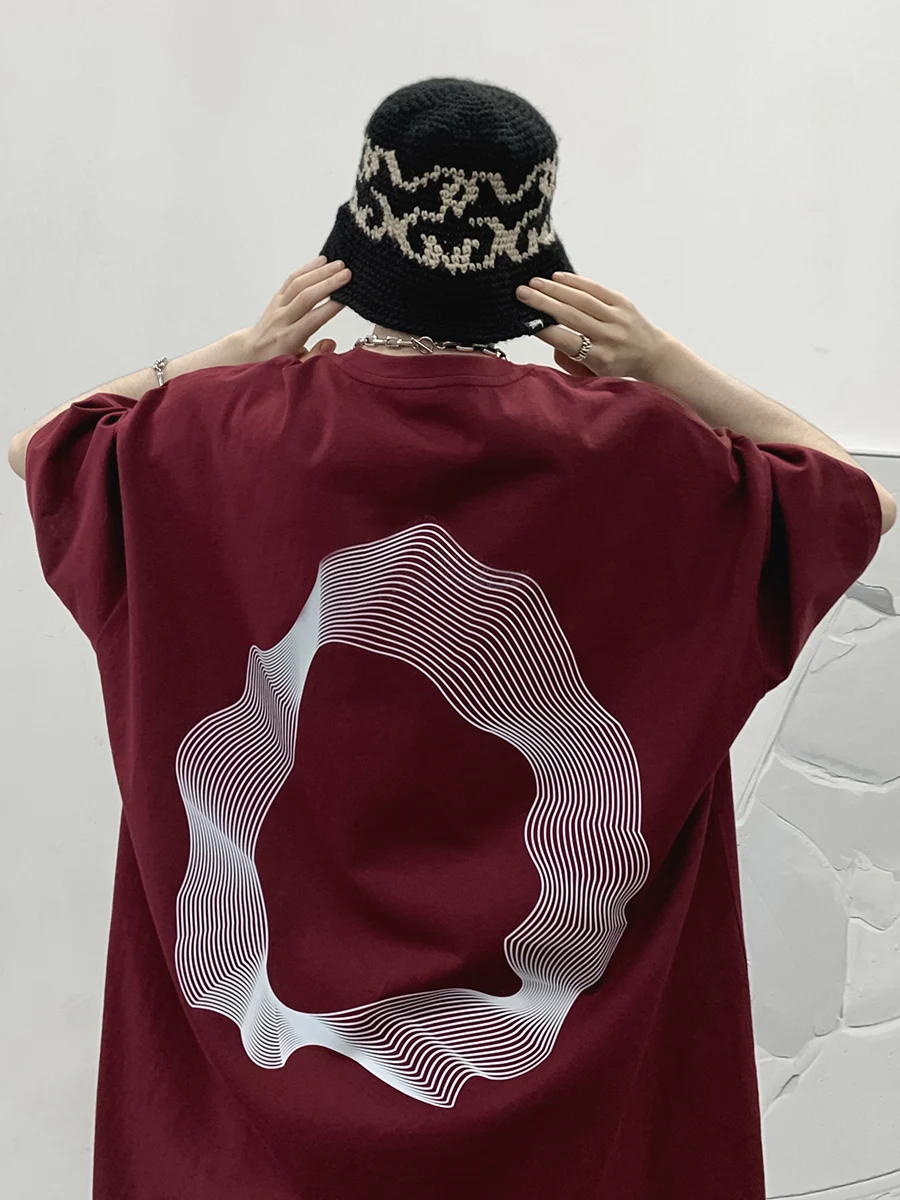 

Heavyweight Wine Red Retro Cotton ort Sve Men's T-irt Oversized American Sle Pure Cotton Small Collar Silhouette Fiv...