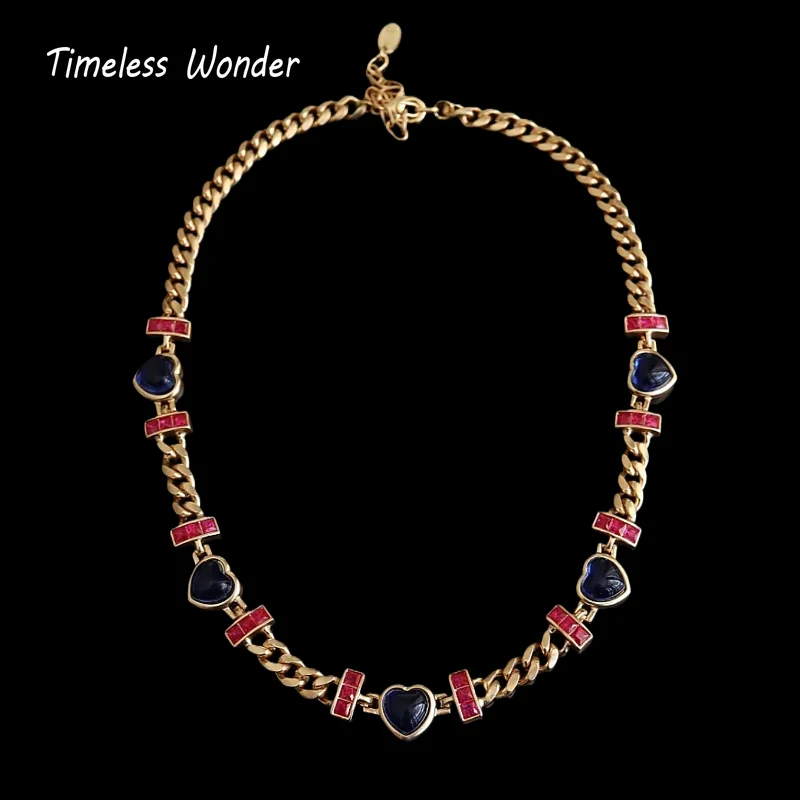Timeless Wonder Retro Glass Heart Pave Chains Necklace for Women Designer Jewelry Runway Trendy Art Deco Vintage Sweet 4526