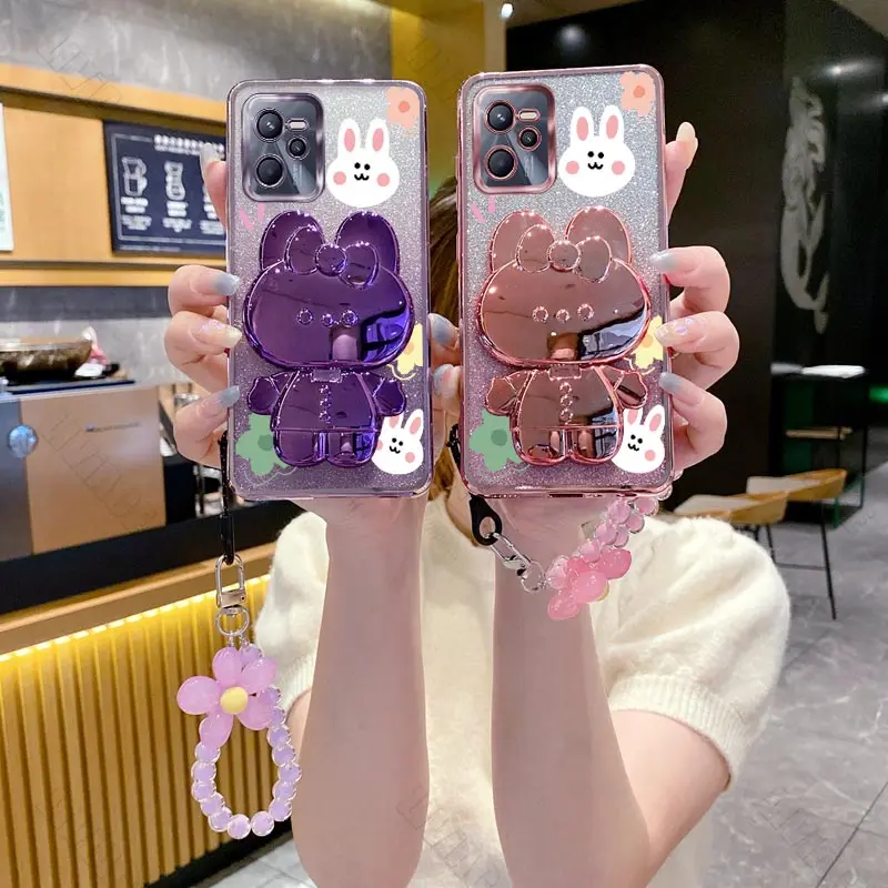 Flower Strap Mirror Rabbit Holder Case For Oppo Realme 5 5i 5s 6i 7i 8 9 10 11 V5 V11 V13 V25 Q3 GT Pro Plus 4G 5G Stand Cover