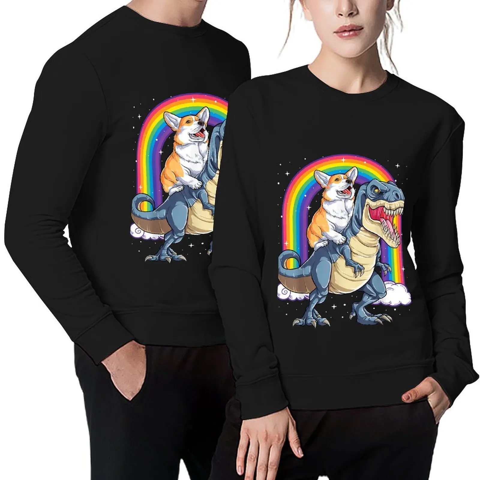 

Corgi Riding Dinosaur T rex Boys Girls Space Galaxy Rainbow Pullover male clothes winter clothes new sweatshirt