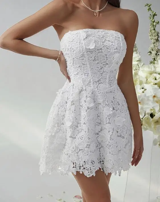 

Womens Dresses 2026 Spring Summer New Solid Color Embroidered Strapless Sleeveless Lace Up Casual Slim Fit A-Line Mini Dress