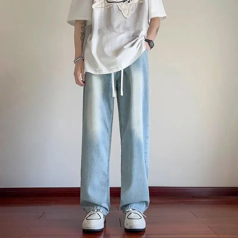 Mens Light Blue Thin Wide Leg Jeans Summer Elastic Waist Loose Fit Straight Pants American Drape Extra Length