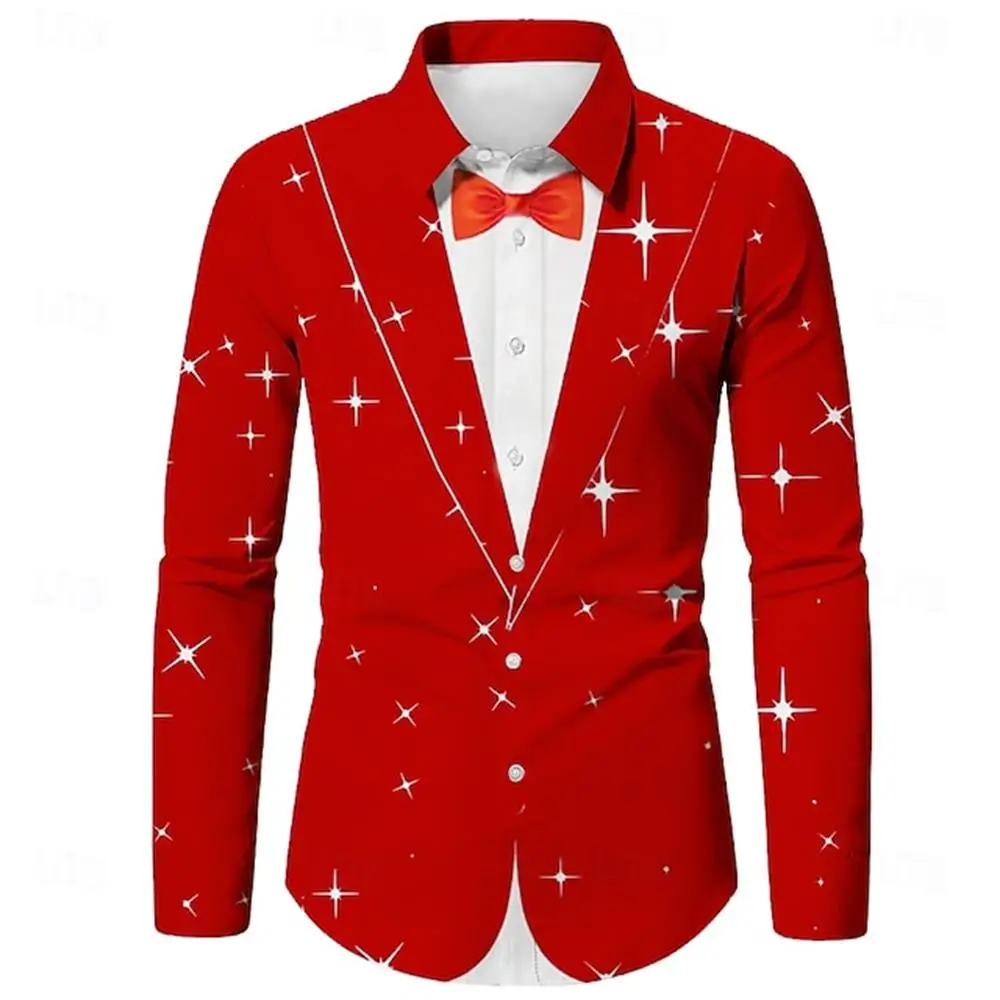 

New men's shirt with Christmas themed 3D printing, men's lapel, buttons, fashionable party, comfortable and casual long sleeved