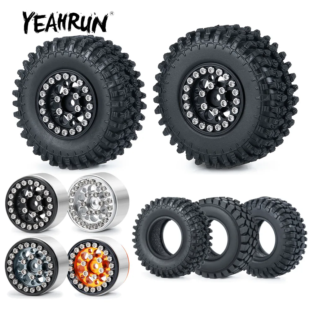 

YEAHRUN 4Pcs 1.0inch Micro Metal Beadlock Wheel Rims Hubs Rubber Tires for Axial SCX24 1/24 TRX-4M 1/18 RC Crawler Car Parts