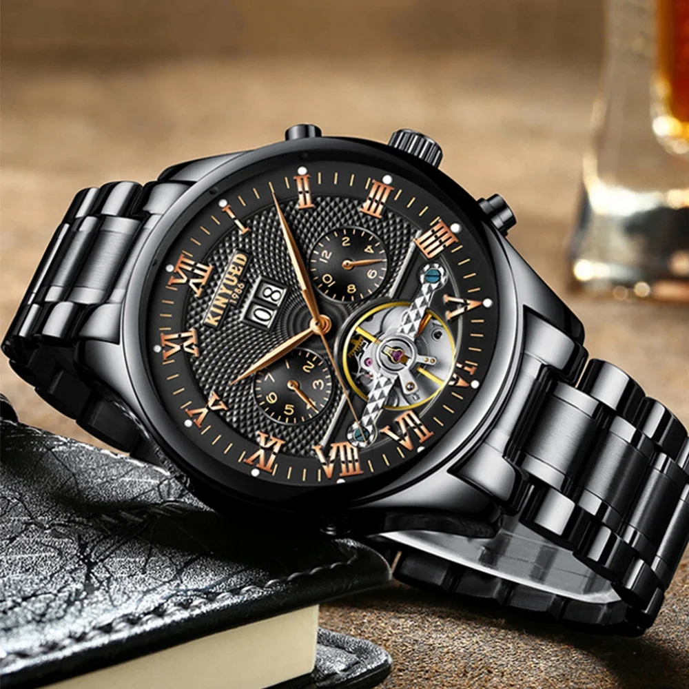 Kinyued Men\'s Classic Skeleton Watch Male Automatic Mechanical Wrist Watches Business Waterproof Hand Clock for Man Reloj Hombre