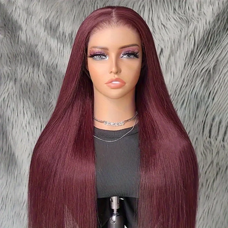 4x4 99J Burgundy Bone Straight Lace Front Wig Red Colored Human Hair Wigs Transparent Lace Frontal Human Hair Wigs Pre Plucked