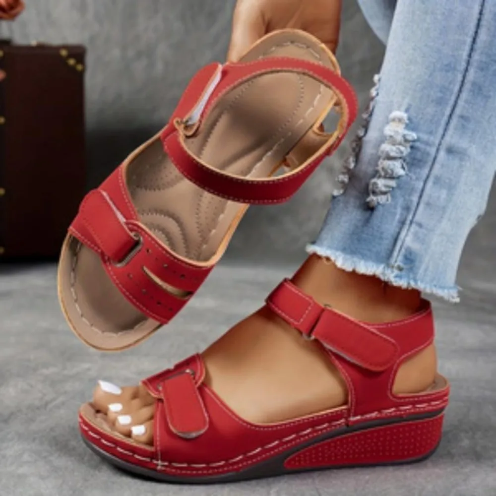 Women Orthopedic Wedge Sandals Open Toe Adjustable Hook Loop Ankle Strap Hollow Cutout Platform Sandals Comfort Non Slip Thick