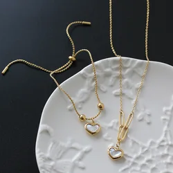 Cute Heart Natural Shell Pendant Necklace bracelet  Gold color Stainless Steel Collar Necklace Gift Jewelry