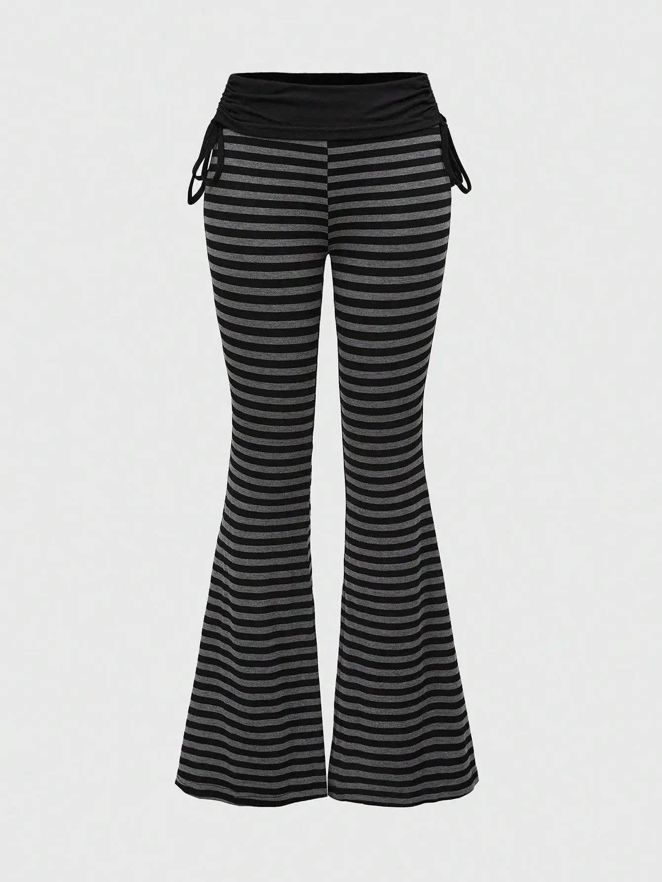 

Черные и серые полосатые расклешенные брюки с завязками на талии для женщин