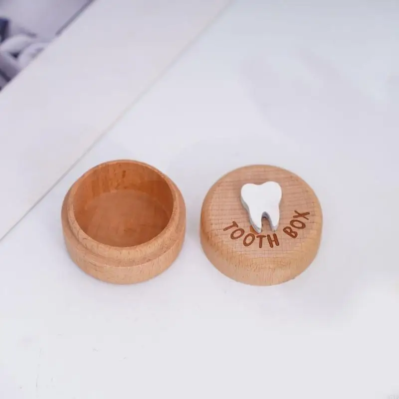 D7YD Portadenti per bambini in legno Scatola portaoggetti commemorativa a forma rotonda per souvenir Custodia salva-denti per