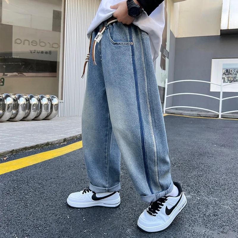 رائجة البيع الأولاد الجينز الفضفاضة مع المشارب الجانبية للطفل الخريف عالية الجودة مخطط الدينيم السراويل الاطفال الهيب هوب الشارع الشهير بنطلون #5