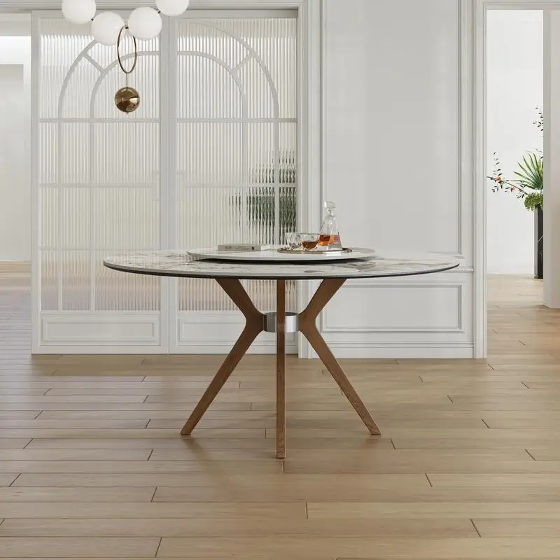 طاولة طعام مستديرة من الحجر الملبد مقاس 59 بوصة مع قرص دوار مقاس 35 بوصة، مقاعد 6-8، قاعدة من خشب الجوز