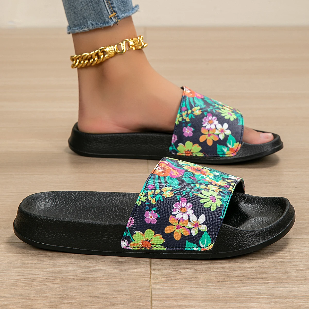 1 Pair of Women's Gardenia Flower Print Indoor Flat Slippers, Eva Soft-Soled Shoes, Indoor and Outdoor Home Slippers, Beautiful and Stylish, Suitable for All Seasons - view 3