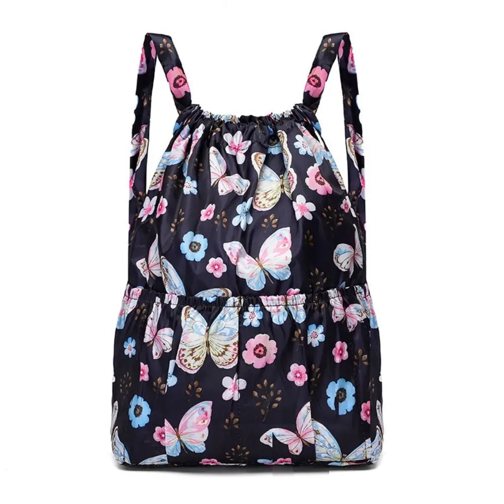 Versatile Floral Printed Drawstring Bag Polyester Waterproof Backpacks Lightweight Large Capacity Portable Shopping Bag Ladies