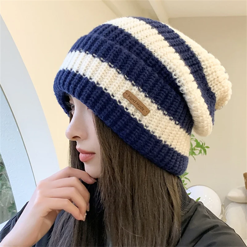 Winter Warm Hats For Women Casual Stacking Knitted Bonnet Caps Men Hats Stripe Hip Hop Unisex Female Beanies