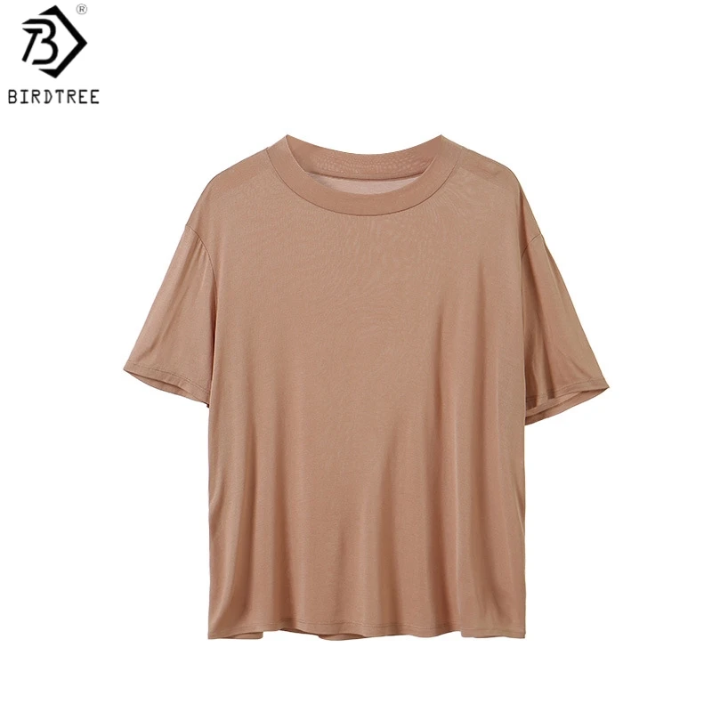 Birdtree, 100% Real Silk Solid Tshirt, O-neck Knitted Basics Tops, Women's Short Sleeve Shirt, 2026 Spring Clothes T61017JF