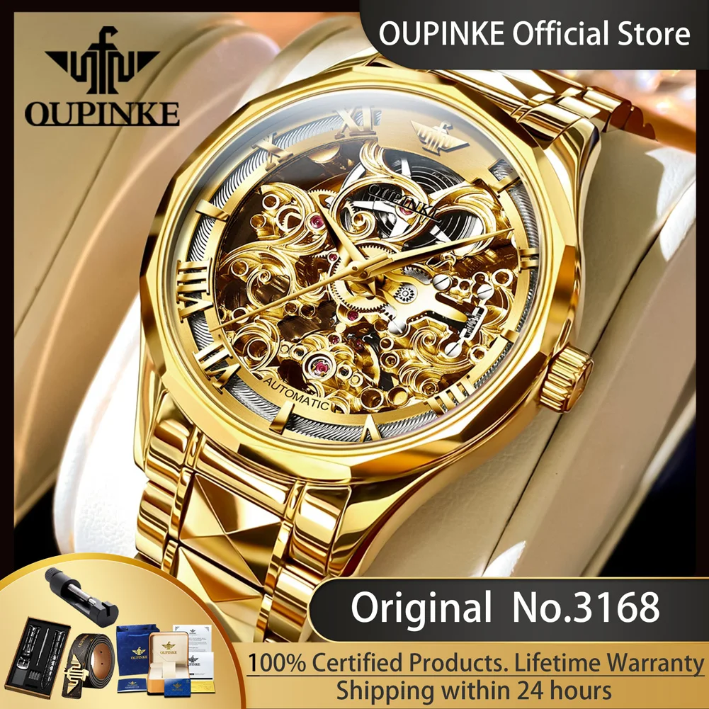 OUPINKE 3168 Luxury Automatic Men\'s Watches Skeleton Hollow Mechanical Wristwatch Tungsten Steel Strap Waterproof Watch for Men