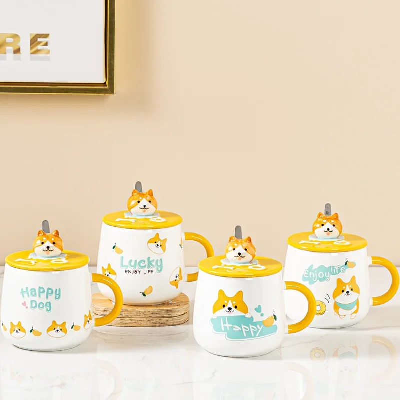 

New Cute Corgi Catone Ceramic Water Cup with Lid Spoon Girls Mugs Super Cute Home Coffee Breakfast Milk Oatmeal Cup Couples Gift