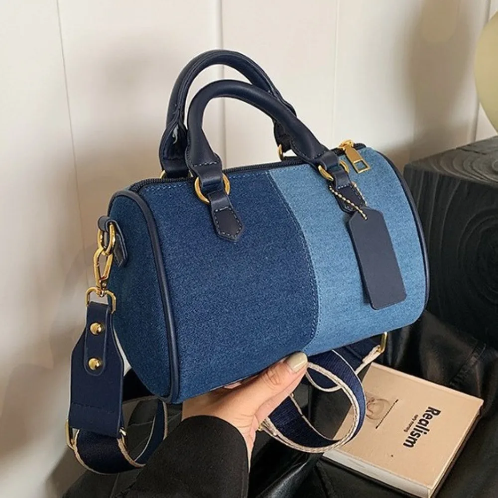 

Женские мини-сумки в стиле пэчворк с цветовыми блоками, джинсовые сумки через плечо, повседневные уличные маленькие сумки-бостон, дизайнерские сумочки 2025 года