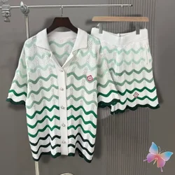 2XL Gradient Green Wave Embroidered Logo Knit Set Casa Shirts Pearl Breasted Lapel Top Men Women Street Cleanfit Casual Shorts