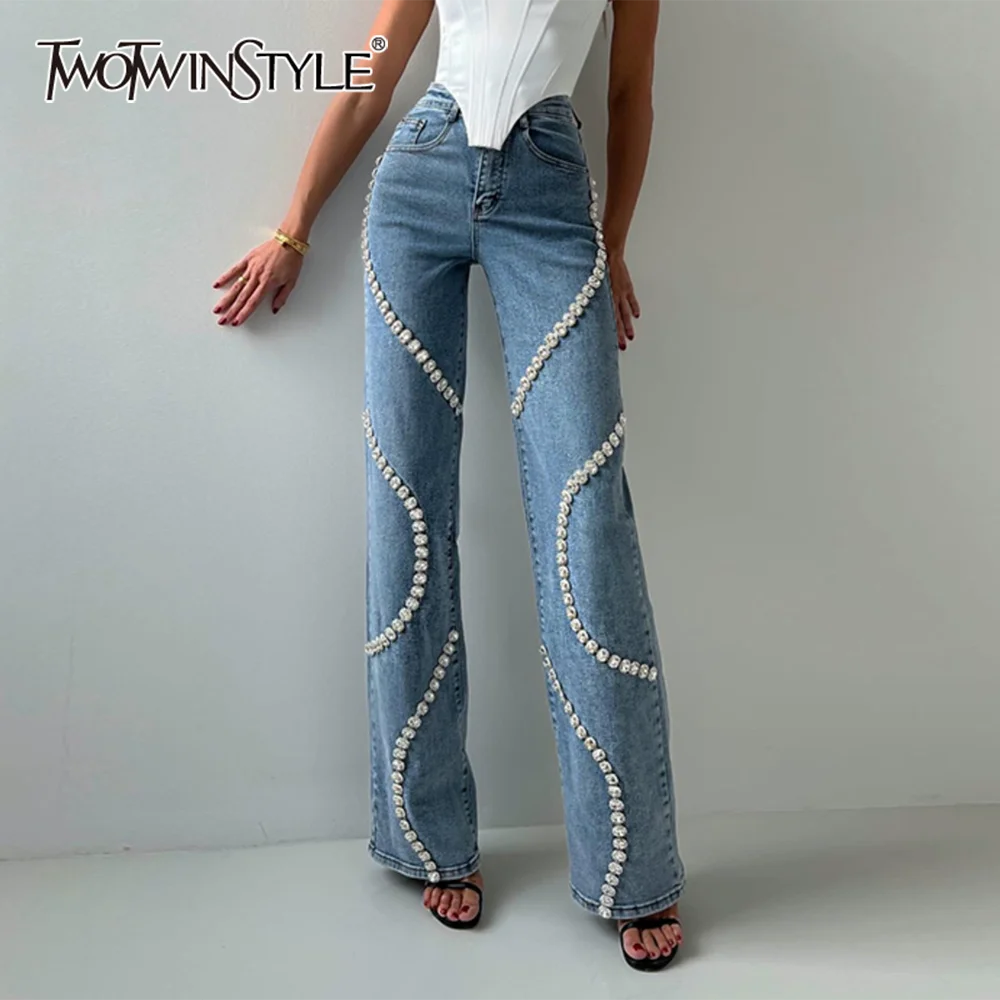 

TWOTWINSTYLE Solid Spliced Diamonds Jeans For Women High Waist Patchwork Pockets Vintage High Street Jean Female Fashion Clothes