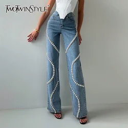 TWOTWINSTYLE Solid Spliced Diamonds Jeans For Women High Waist Patchwork Pockets Vintage High Street Jean Female Fashion Clothes