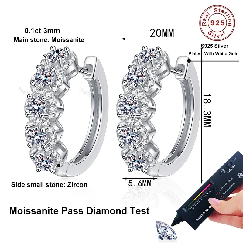 NeeTim Moissanite Earrings for Women D VVS1 Round Shaped Lab Diamond 925 Sterling Silver Party Wedding Hoop Earring Fine Jewelry