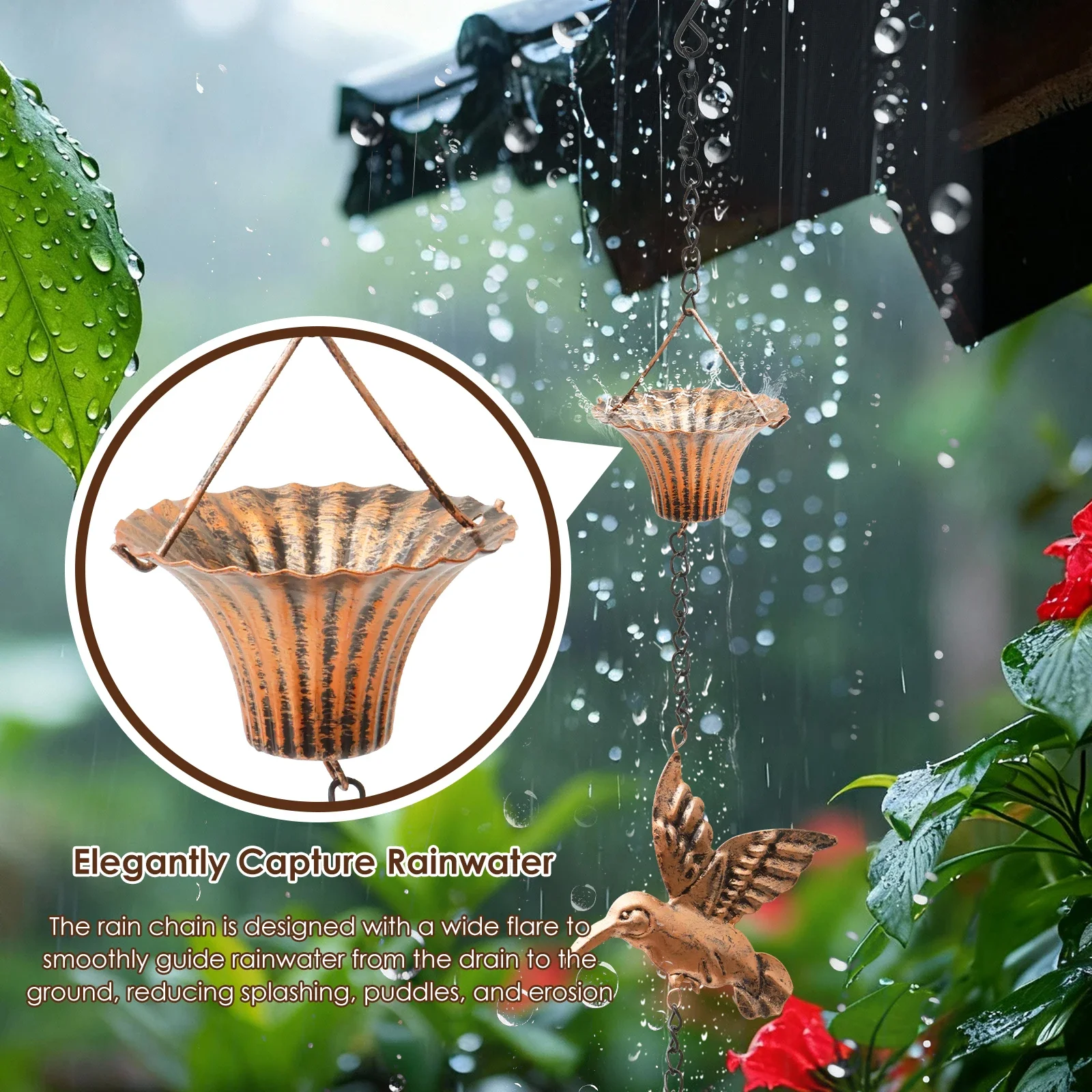 Rain Chain for Gutters Outside Rustproof Metal Water Divertor Rain Catcher Chain with 7 Cups and Hummingbird Decor Garden Decor