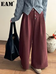 [EAM] High Waist Wine Red Gray Pleated Long Wide Leg Thick Pants New Trousers Women Fashion Tide Autumn Winter 2024 1DH7897