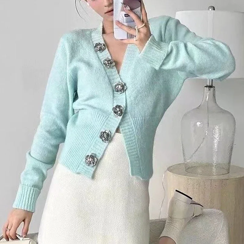 Women Clothing Spring Autumn Trendy Vintage Sweet Chic Cardigan Y2K Solid V Neck Long Sleeve Slim Fairy Kintted Sweater Buttons