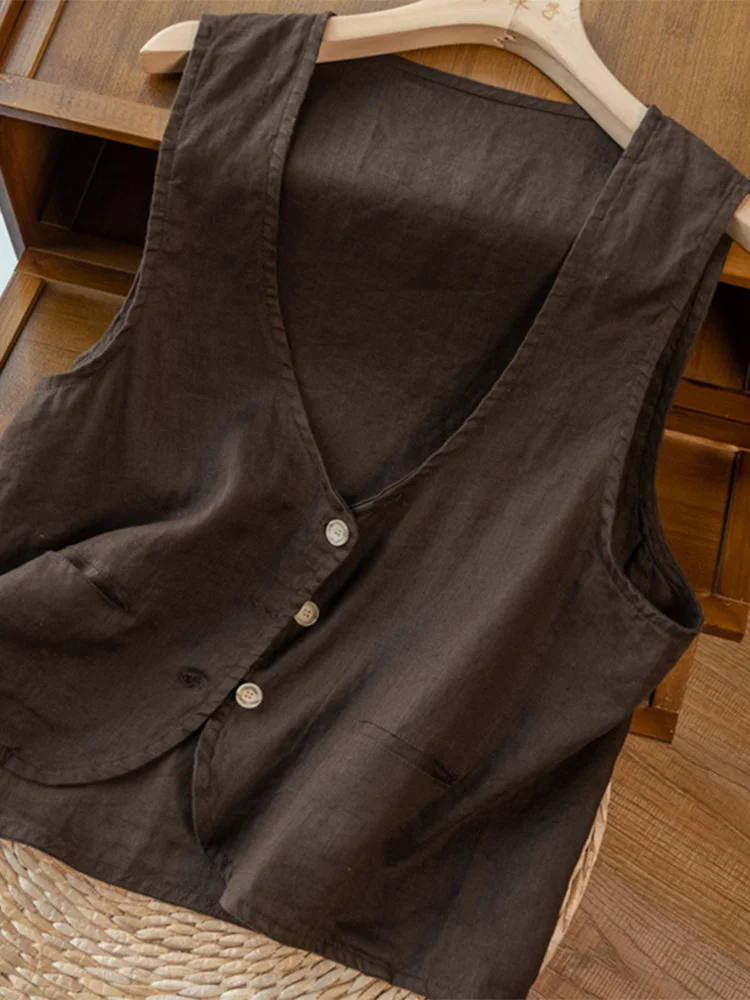 

Japanese Sle Women's Linen Vest Thin V-Ne Loose Retro Cotton Linen Jaet Outerwear Comfortable Breathable Summer Top