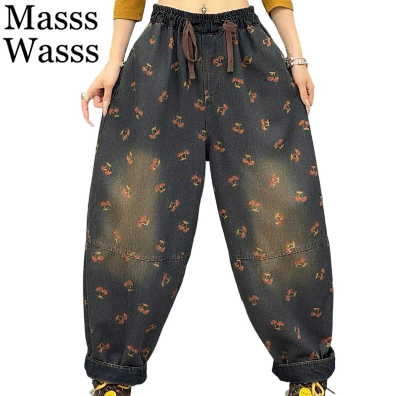 Masss Wasss Brand Fall Ladies Fashion Floral Jeans Loose Vintage Casual Denim Pants Womens Classic Elastic Waist Harem Trousers