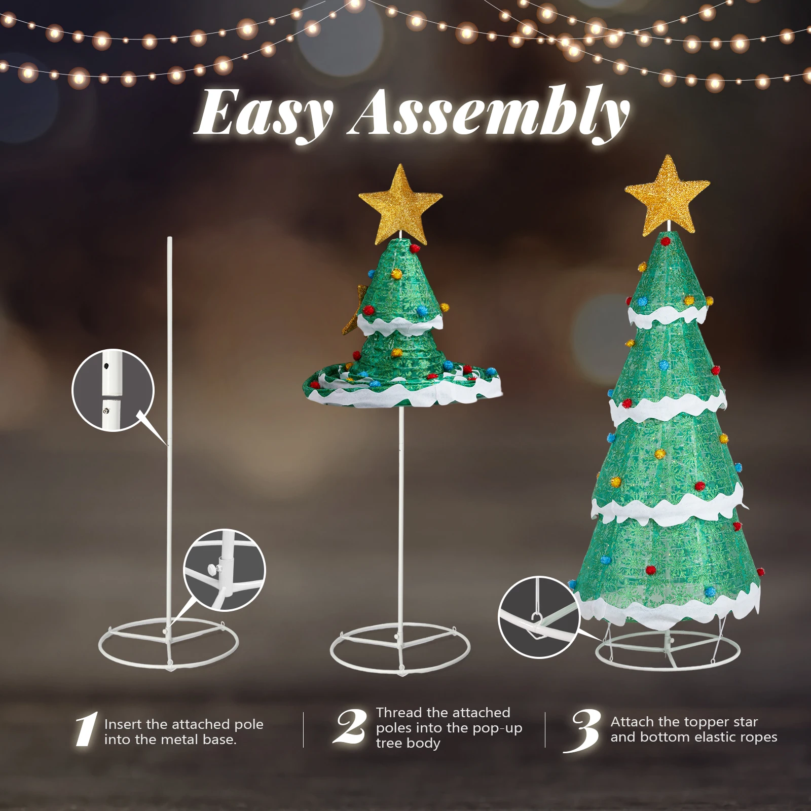 6FT Lighted Christmas Tree Yard Decorations, Pre-lit Pull Up Christmas Tree with 200 LED Warm White Lights and Ropes Stakes