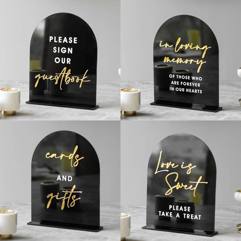 Set Of 4 Wedding Signs,Black Acrylic with 3D Gold Writings,In Loving Memory Sign,Cards And Gifts Sign,Memory Table Sign