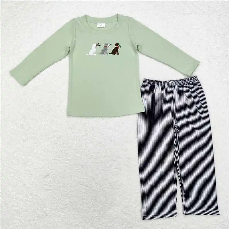 New Fashion Baby Boys Embroidered Duck Puppy Blue aAnd White Striped Long Sleeve Brown Trousers Suit Wholesale Boutique Suit