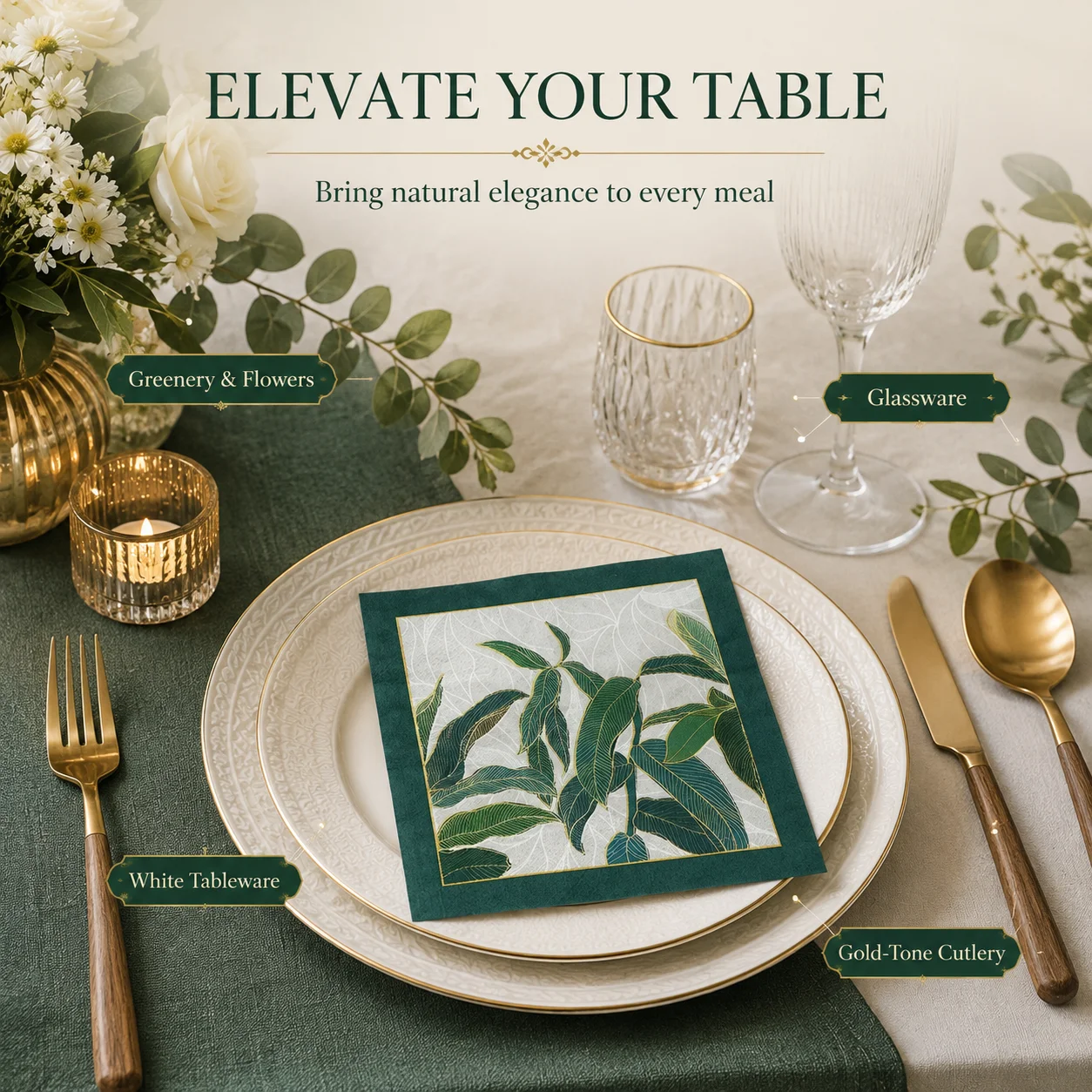 Botanical Leaf Paper Napkins 2-Ply 33x33cm Green Gold Printed Serviettes for Dinner Party Wedding Table Decor