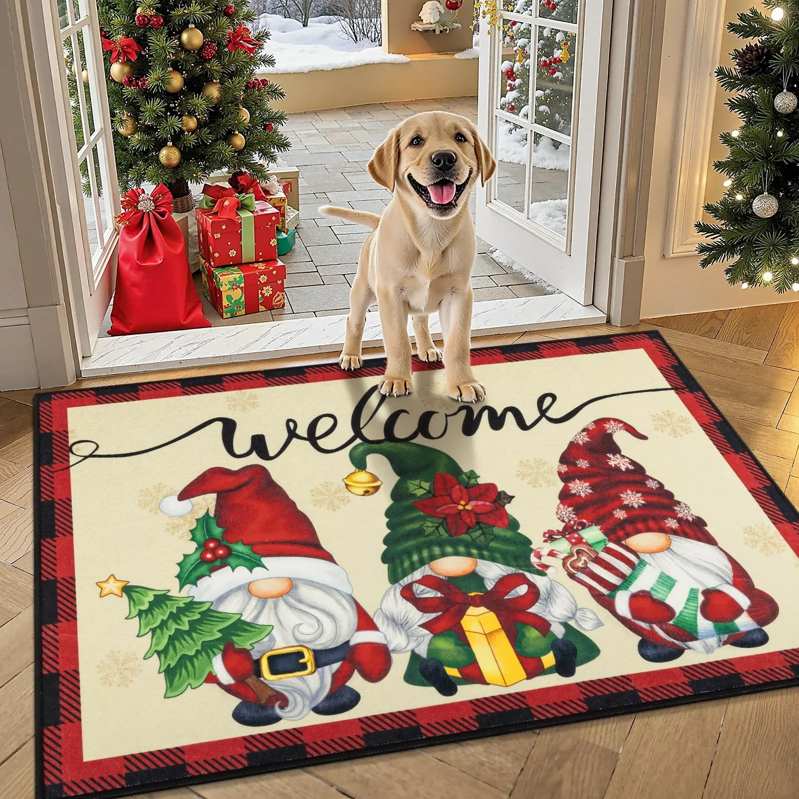 

Christmas Welcome Carpet Cartoon Santa Gnome Rug Red Green Festive Mat Entryway Rug for Home Decoration Holiday Floor Mat