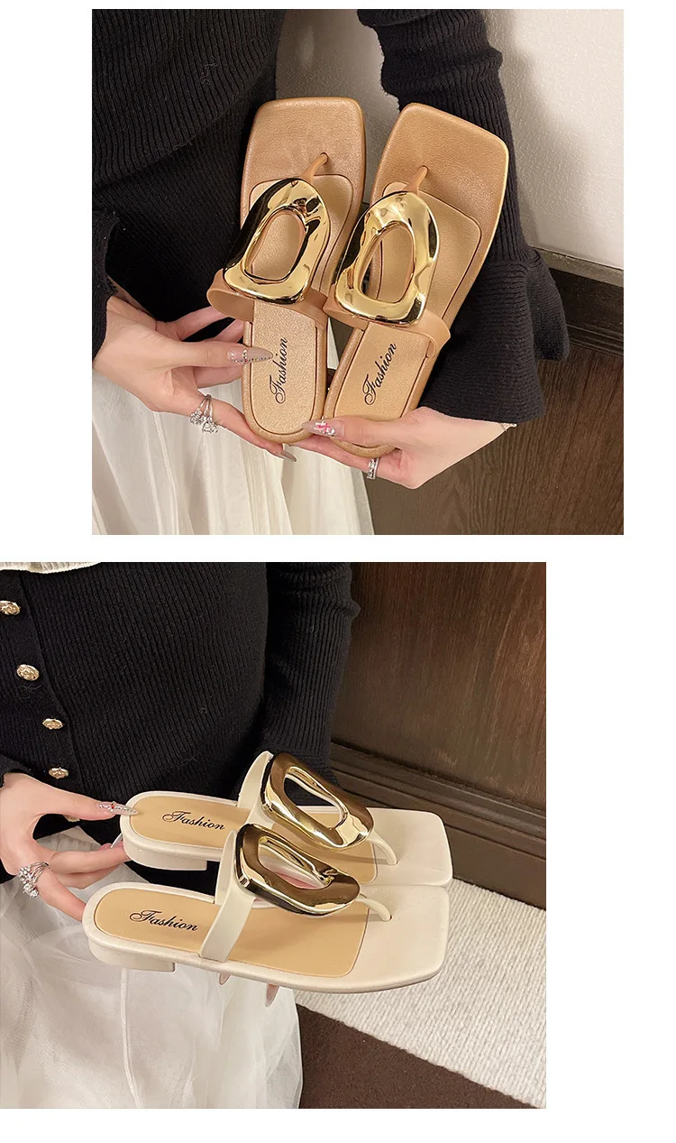 2026 Neue Damen-Flip-Flops mit eckiger offener Zehenpartie, einfarbig, vielseitig, mit Clip-Zehenriemen, flache Sandalen mit Metallschnalle für Damen – Detail 6