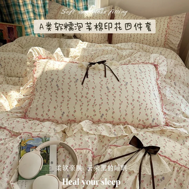 3/4Pcs Bedding Set Euro Princess Bedding Duvet Cover Cotton 100% Lace Bow Bed Linen With Ruffles Double Bed Lace Pillowcase 5