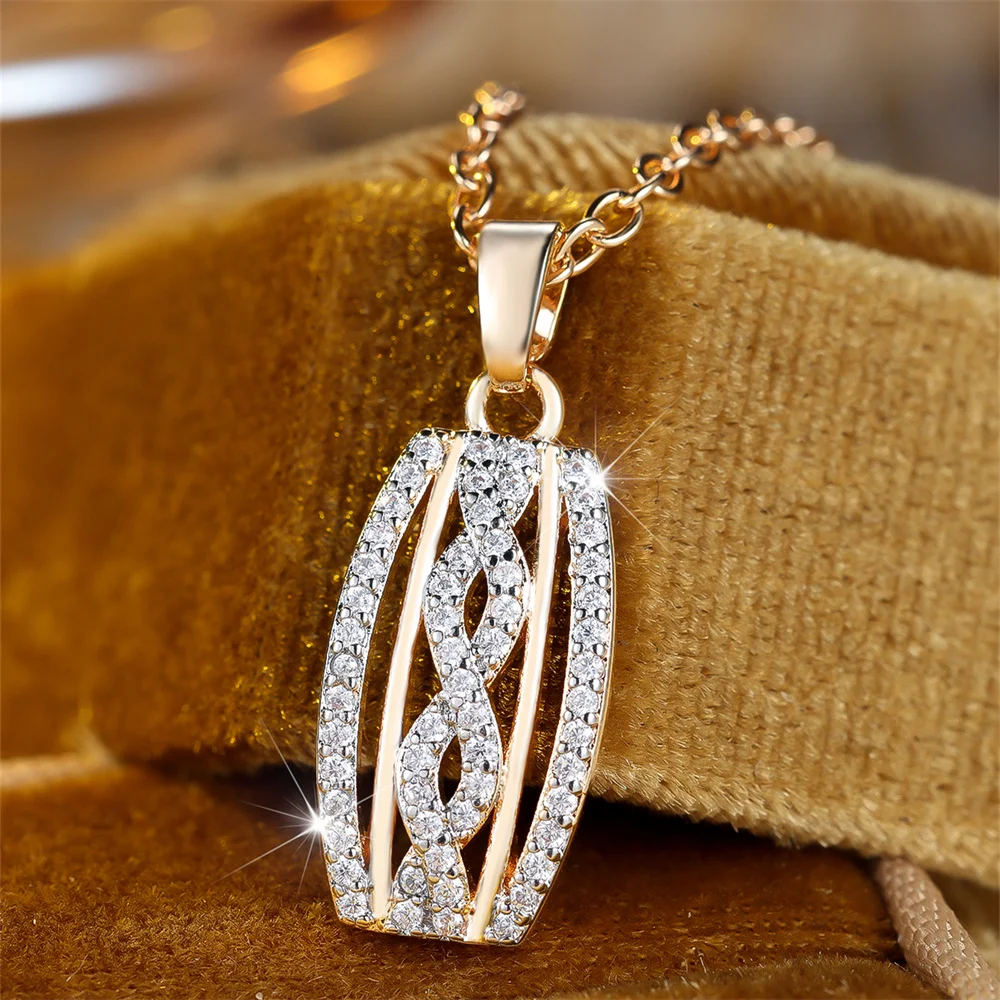 Luxury Crystal Infinity Hollow Pendant White Zircon Necklaces for Women Vintage Gold Color Chain Necklace Wedding Jewelry Gifts
