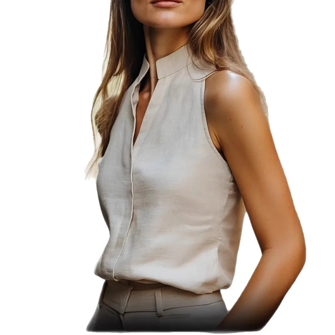 Women's And For Women Slim Fit Sleeveless Blouse Mandarin Collar Solid Color Hidden Button Casual Elegant Basic Top Tailored